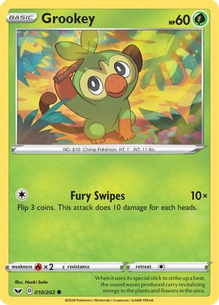 Grookey (010) 010/202 - Reverse Holofoil SWSH01 Sword & Shield Base Set - Common
