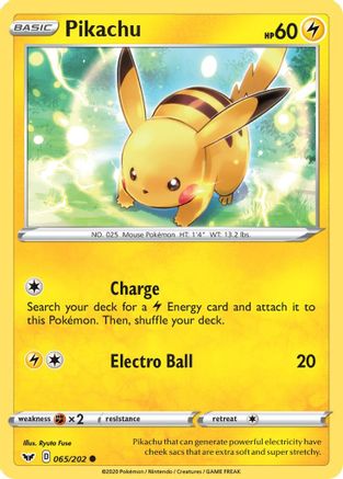 Pikachu 065/202 - Reverse Holofoil SWSH01 Sword & Shield Base Set - Common