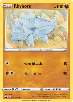 Rhyhorn (096) 096/202 - Reverse Holofoil SWSH01 Sword & Shield Base Set - Common