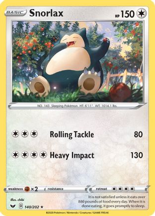 Snorlax 140/202 - Reverse Holofoil SWSH01 Sword & Shield Base Set - Rare