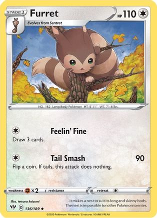 Furret 136/189 - Reverse Holofoil SWSH03 Darkness Ablaze - Uncommon