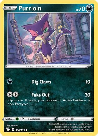Purrloin 106/189 - Reverse Holofoil SWSH03 Darkness Ablaze - Common
