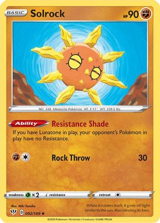 Solrock 092/189 - Reverse Holofoil SWSH03 Darkness Ablaze - Uncommon