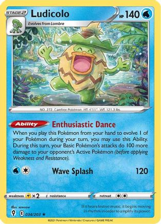 Ludicolo 034/203 - Reverse Holofoil SWSH07 Evolving Skies - Holo Rare