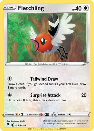 Fletchling 138/203 - Reverse Holofoil SWSH07 Evolving Skies - Common