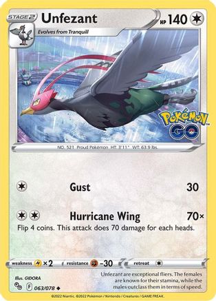 Unfezant 063/078 - Reverse Holofoil Pokemon GO - Uncommon