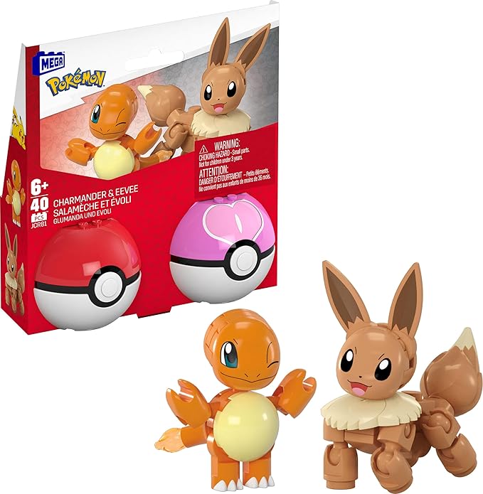 MEGA Pokémon Poké Ball 2-Pack Building Toy Kits with 2 Action Figures (40 Pieces) - Charmander & Eevee