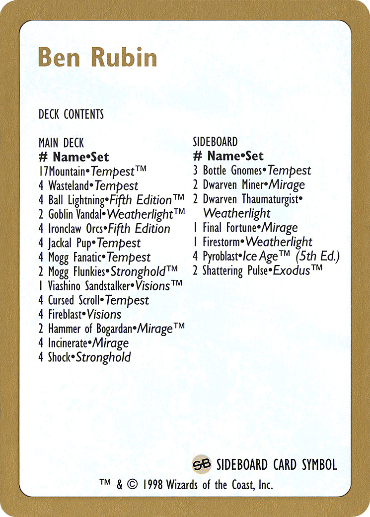 Ben Rubin Decklist (WCD-BR0B) - World Championship Decks 1998