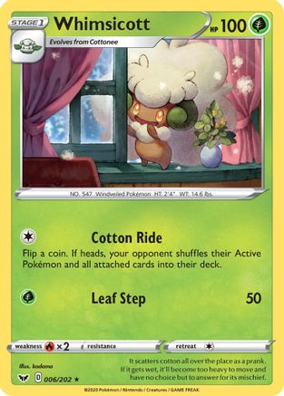 Whimsicott 006/202  - Reverse Holofoil SWSH01 Sword & Shield Base Set - Rare