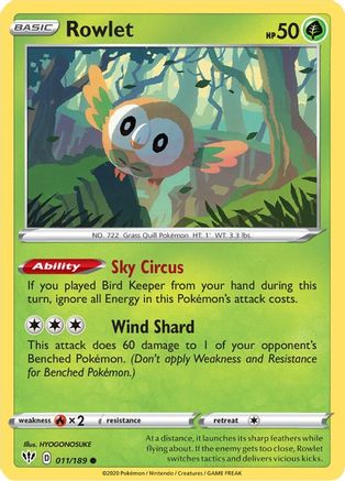 Rowlet 011/189  - Reverse Holofoil SWSH03 Darkness Ablaze - Common