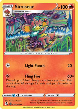 Simisear 038/264  - Reverse Holofoil SWSH08 Fusion Strike - Uncommon
