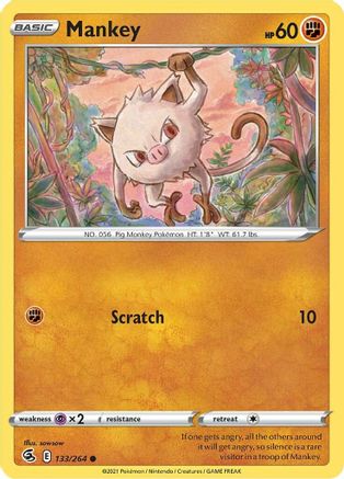 Mankey 133/264  - Reverse Holofoil SWSH08 Fusion Strike - Common