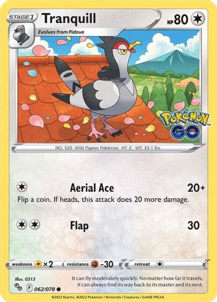 Tranquill 062/078  - Reverse Holofoil Pokemon GO - Common