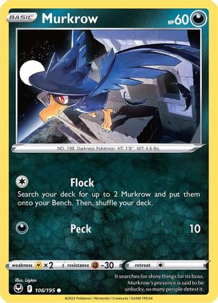 Murkrow 106/195  - Reverse Holofoil SWSH12 Silver Tempest - Common