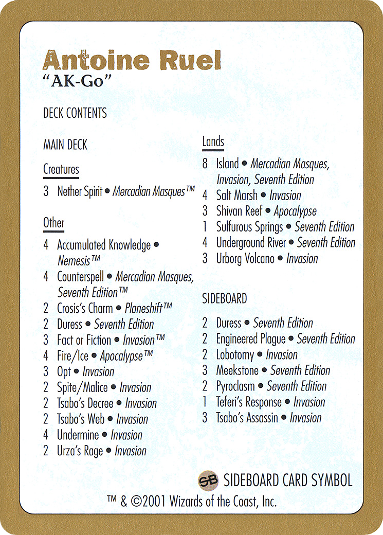 Antoine Ruel Decklist (WCD-AR0B) - World Championship Decks 2001