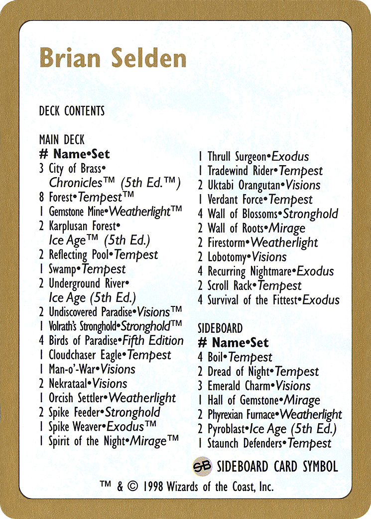 Brian Selden Decklist (WCD-BS0B) - World Championship Decks 1998