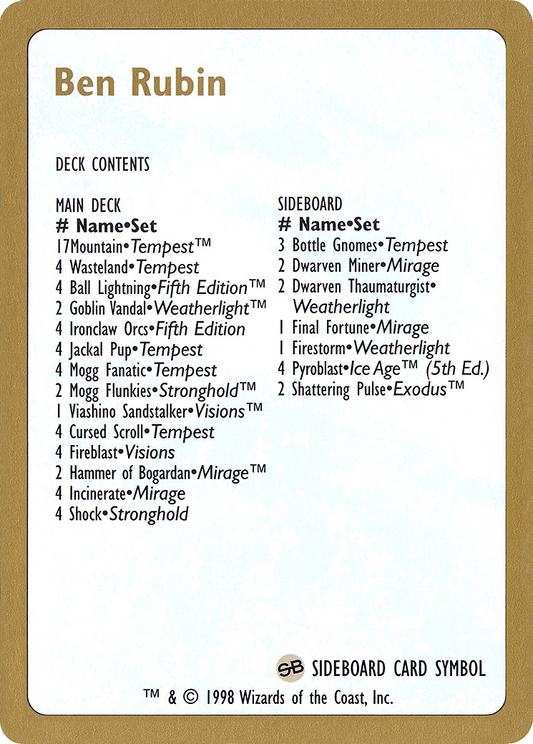 Ben Rubin Decklist (WCD-BR0B) - World Championship Decks 1998